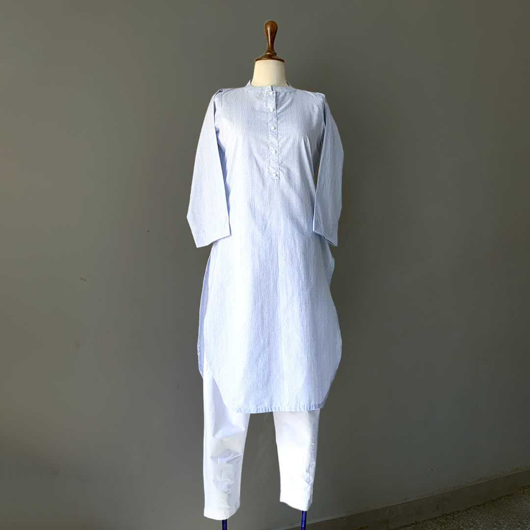 Chic Blue Breeze: Light Blue Shirt & White Pant Trouser Set